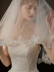 1pc Embroidered Bridal Veil, Romantic Wedding Dress Accessory, Suitable For Autumn/Winter, Mother's Day Gift, Hair Clip, Hair Accessories, Teacher's Day Gift - Beige - View 1