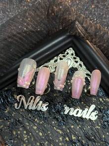 10pcs Coffin Type Handmade Women's Wearable Nail Stickers Fully Covered And Reusable Medium Viscosity, Light Pink Nails, Hand-Painted Pink Purple Aurora Phoenix Tail Texture, 3D White Small Pearls, Y2K Style Nail Art Set,Suitable For Women And Girls,Festivals,Daily,Party,Gatherings And OtherPlaces Use(Includes: A Piece Of Jelly Glue And A Friction Strip) Nail Stuff - Baby Pink - View 4