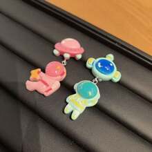 1 Pair Fresh Sci-Fi Style Asymmetric Pink Flying Saucer Hugging Star Astronaut With Turquoise Planet Helmet Waving Astronaut 3D Shaped Earrings, Personalized Accessories For Daily Commute And Going Out - Multicolor - View 3