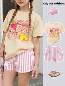 2pcs/Set Girls Cute Outfit, Strawberry Lemon Cherry Daisy And Bow Print T-Shirt With Vertical Striped Shorts, Summer Party Fashion Fun Pattern Clothing - Apricot - View 7