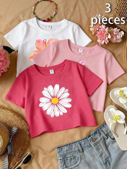 Fashionable & Versatile Tween Girls Floral & Letter Graphic Print Casual Cropped Short Sleeve Top, Soft & Comfortable Summer Tee