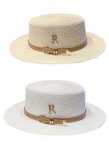 Sombrero de paja para mujer para viajes de verano, playa, cinturón de cuero con letra R de rhinestone, sombrero de sol plano de estilo británico retro, protección UV - Blanco - Ver 19