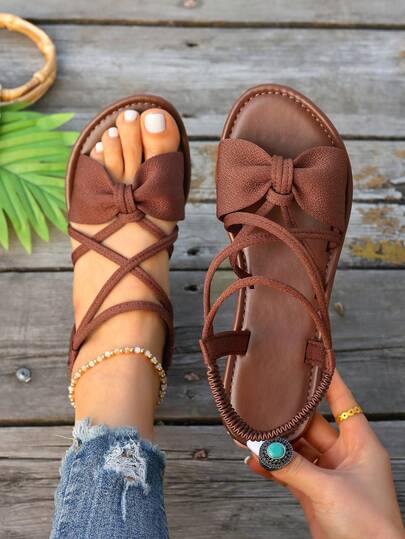 Nuevas sandalias planas con lazo para mujer, sandalias planas de tela de unicolor con lazo, para playa y verano