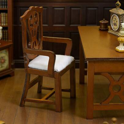 1pc 9.6cm Doll House Miniature Vintage European Style Armchair, Walnut Color Cushion Backrest Chair, Home Office Decor, Luxury Backrest Chair Figurine, Mini Model, Study Room Bookshelf Micro Craft, Multiple Colors Available, Creative Miniature Furniture, Cabinet Desktop Display Craft, Office Desk Decor, Mini Craft, Indoor Decoration, Scene Photography Accessory Model, Home Decor, Furniture Model, Home Decor, Micro Craft, Retro Home Decor Model, Luxury Dollhouse Game