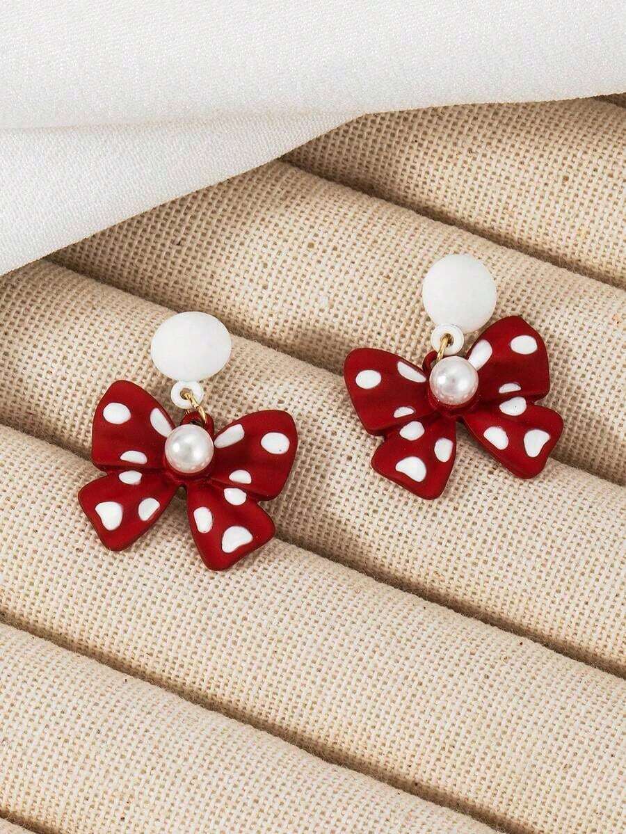 1 Pair Festive Red Bowknot & Pearl Earrings, Suitable For Birthday, Party, Celebration Or Summer Floral Dress - Đỏ - Xem 1