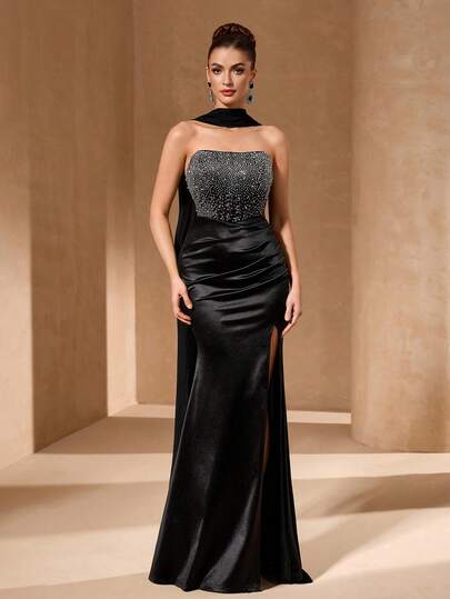 YISIKADO Vestido de fiesta de satén con abertura en el muslo, escote sin tirantes y con rhinestones, elegante vestido largo adecuado para invitados de boda, ceremonia de graduación, aniversario, baile de graduación, concierto y otras ocasiones