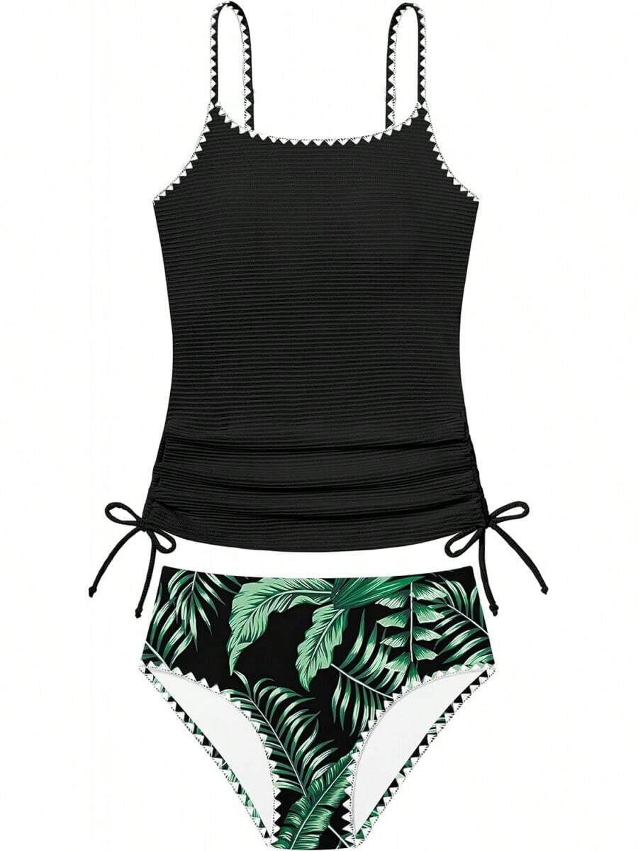Girls Tankini Swimsuit 2 Piece Set Unique Edge Bathing Suit With Drawstring Top & Swim Briefs For 9-16Y - 黑葉 - 查看 1
