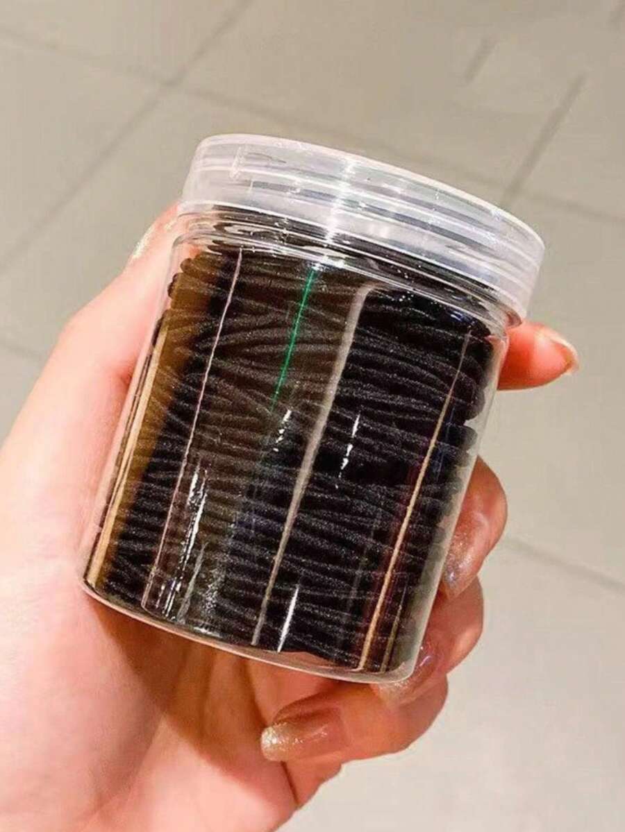 100个/套 罐装2毫米黑色橡皮筋发圈,日常使用节日配饰马尾辫发圈发绳发圈,适用于节日、派对等场合。 - 黑色 - 查看 1