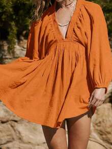 New Spring/Summer Elegant Fashion Sexy Deep V-Neck Puff Sleeve Casual Mini Dress For Women, Vacation Boho & Western & Tropical & Sun Dress - 橘色 - 查看 9