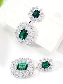 2pcs Minimalist Square Geometric Crystal Earrings, Full Diamond Earrings For Women Wedding Party - Silver Green - View 2