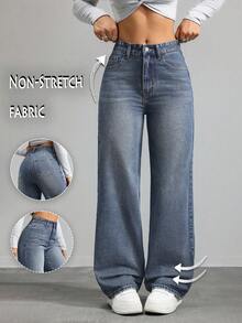Y2K 女式直筒牛仔裤，高腰蓝色水洗复古宽松裤，休闲百搭，街头风春季单品 - 深色水洗藍 - 查看 1