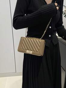 时尚新款纯色PU压纹迷你单肩包，街头通勤斜挎包，简约女士链条小方包，女士礼物，女士钱包，女士手机包 - 棕色 - 查看 5