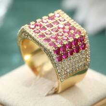 Klassisches Design Vintage Synthetischer Roter Edelstein Ring, Luxuriöser Hochwertig Goldener Verlobungsring, Hochzeitsschmuck Geschenk - Gold - Übersicht 2