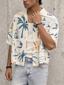 Áo sơ mi nam in hình cây cọ và hòn đảo, thích hợp cho kỳ nghỉ. - Màu be - Xem 3