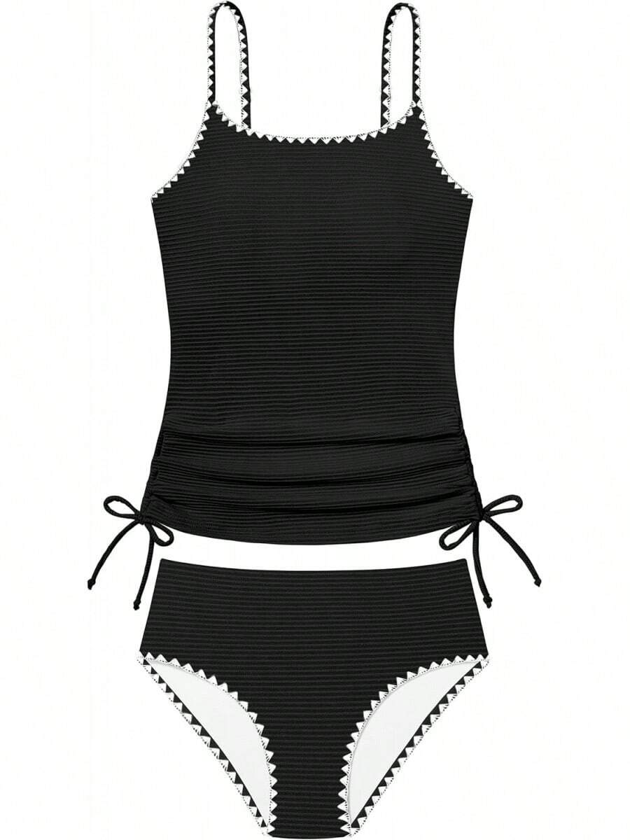 Girls Tankini Swimsuit 2 Piece Set Unique Edge Bathing Suit With Drawstring Top & Swim Briefs For 9-16Y - 黑色 - 查看 1