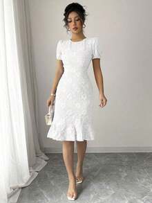 2025 Spring/Summer Women's Elegant Jacquard Solid Color Round Neck Ruffle Hem Puff Sleeve Mid-Length Dress Pink - White - View 5