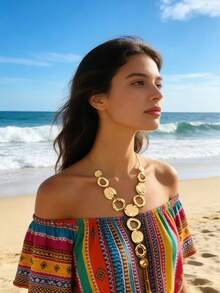 1 chiếc dây chuyền kim loại dài hình chữ Y họa tiết hình học thời trang, kiểu dáng phóng khoáng theo phong cách Châu Âu và Mỹ. - Vàng - Xem 2