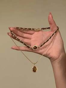 2pcs Vintage Malachite Heart & Tiger Eye Stone Tassel Necklace, Simple Sweater Chain Accessory For Women - màu nâu - Xem 7