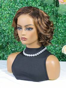 优雅层次感波波头无胶假发，巴西雷米真人发，透明4x4蕾丝无胶假发，180%密度，巴西自然波浪卷发，通用尺寸，#4巧克力棕色，即戴即用，无胶波波头假发 - S4 - 查看 8