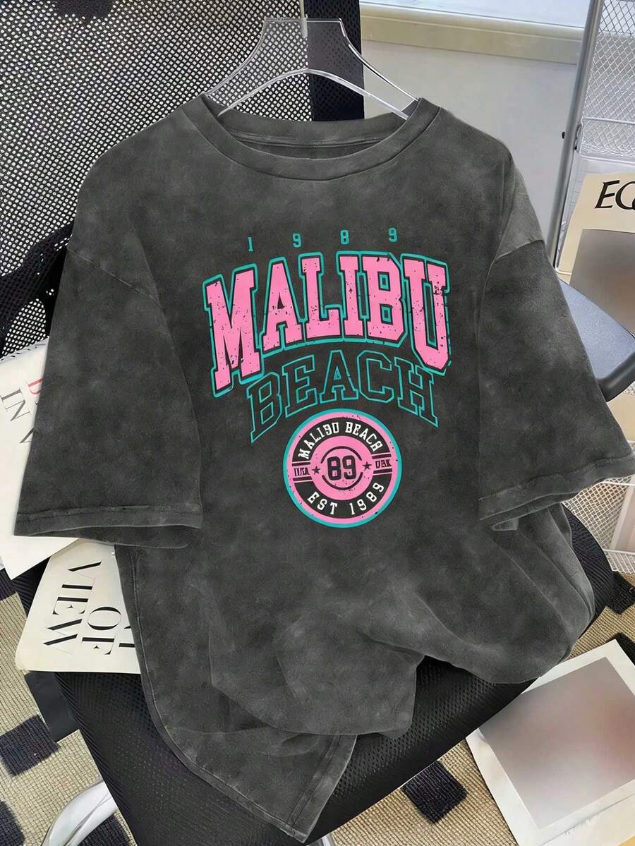 Plus-Size Elegant Letter-Printed T-Shirt. Vintage Washed T-Shirt. Easily Create A Casual Look. Suitable For Daily Commuting, Casual Outings, And Everyday Wear. Classic Retro-Style Women's Anti-Wrinkle Washed Cotton T-Shirt - 灰色 - 查看 1