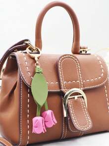 Tulip Handmade Leather Goods, Flower Bag Pendant, Keychain, Homemade Hand Sewn Car Key Pendant Floral Bridesmaid Gifts - 粉色 - 查看 3