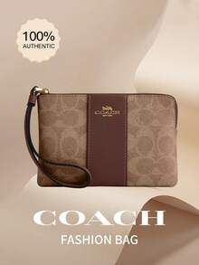 Coach 女士真皮拉链腕包，腕带手机手拿包 - 棕色 - 查看 1
