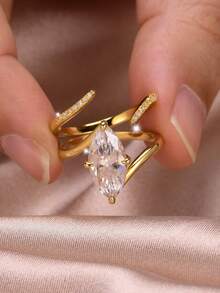 2pcs Luxury Wedding Ring Style Plated Gold Twisted Arm Design With Zirconia Stone, Elegant & Unique Party, Wedding, Engagement, Vacation Accessory For Women - Yellow Gold - View 2