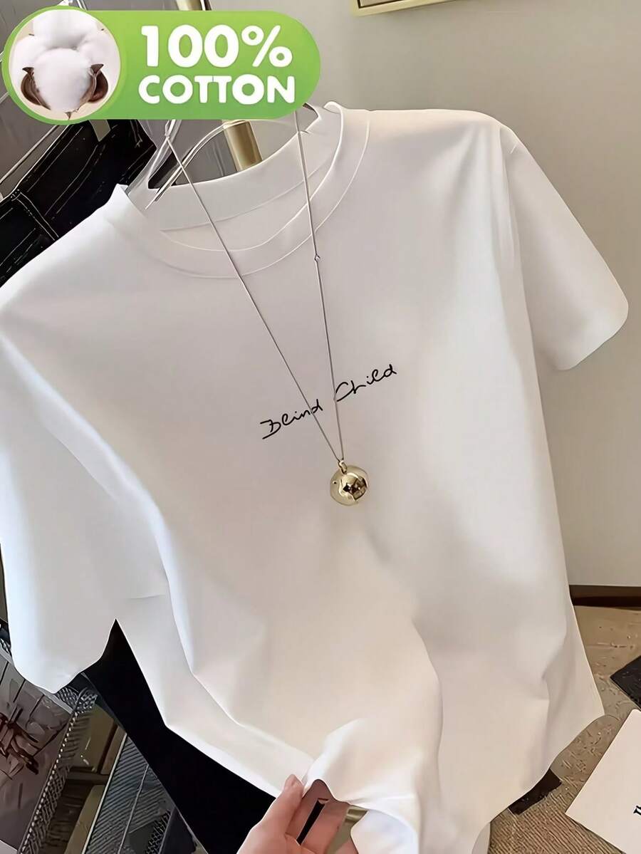 Women's Round Neck Short-Sleeved T-Shirt, Fitted Top, 100% Cotton, Soft And Comfortable, Casual Everyday Wear, Streetwear, Fun And Simple Letter Slogan Print, Elegant, Festival, Y2K, Autumn And Winter Fun T-Shirts, Vacation, Beach, Casual, 90s, Cute Tops, Easter Women's Wear, Carnival, All Seasons, Office/Lounge/Home/Outdoor Sports/Simple, Western, White Top - White - View 1