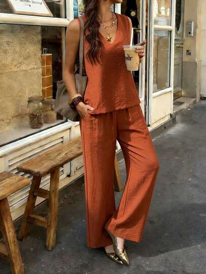 PoPoHouse 女士优雅两件套，亚麻无袖V领上衣搭配宽松阔腿裤，适合休闲通勤、夏季海滩度假等场合。