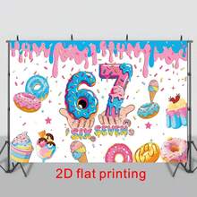 1pc 2D Flat Birthday Party Photography Backdrop, "I WAS 6, NOW I'M 7" Text Design With Donut, Lollipop, Chocolate Pattern, Sparkling Stars, Suitable For 6-7 Years Old Celebration, Family Gathering Party Banner, Vinyl Material - Multicolor - View 36