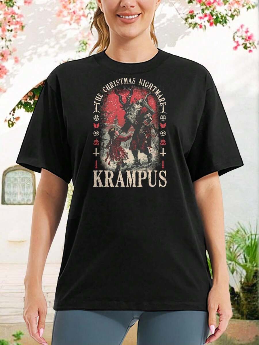 Women's Krampus The Christmas Nightmare T-Shirt  Premium Graphic Tee For Ladies  Soft Cotton Summer Top  Unique Horror Movie Inspired Apparel  Everyday Casual Wear For Her  Comfortable And Stylish Gift Idea - 黑色 - 查看 1