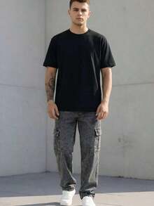 Men's Stonewashed Cargo Jeans With Drawstring Waist And Slight Stretch, Unisex Long, Loose-Fitting Casual Streetwear Skate Pants. - màu xám khói - Xem 4