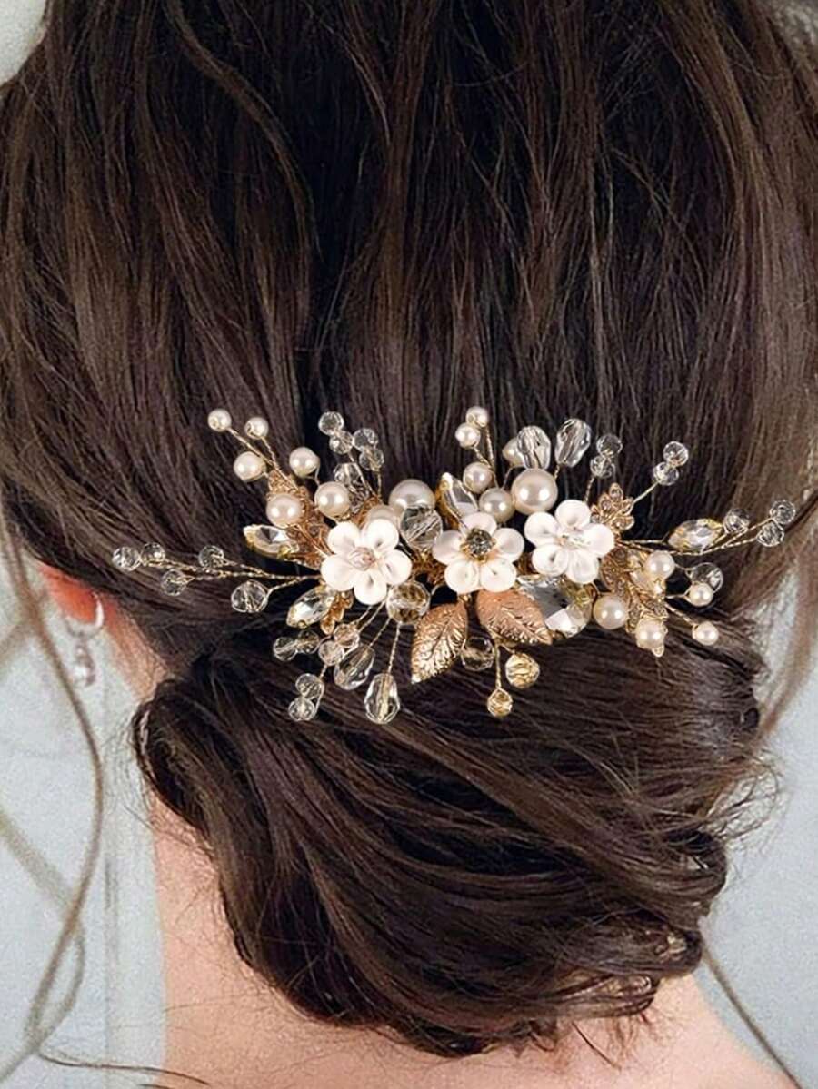 1件女士优雅手工合金叶片陶瓷花仿珍珠发梳，新娘婚礼派对配饰，夏季沙滩风。 - 金色 - 查看 1