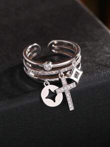 1 pieza Estilo europeo y americano Personalizado Minimalista Multicapa Colgante de cruz de rhinestone, Anillo individual de mujer, Regalo para fiesta/cita - Plateado - Ver 4