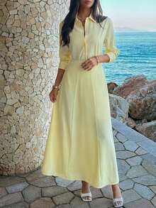 Conjunto de 2 piezas de camisa elegante casual y falda de cintura de unicolor para mujer, adecuado para citas, San Valentín, cumpleaños, cenas, ir al trabajo y otras ocasiones de primavera - Amarillo - Ver 10