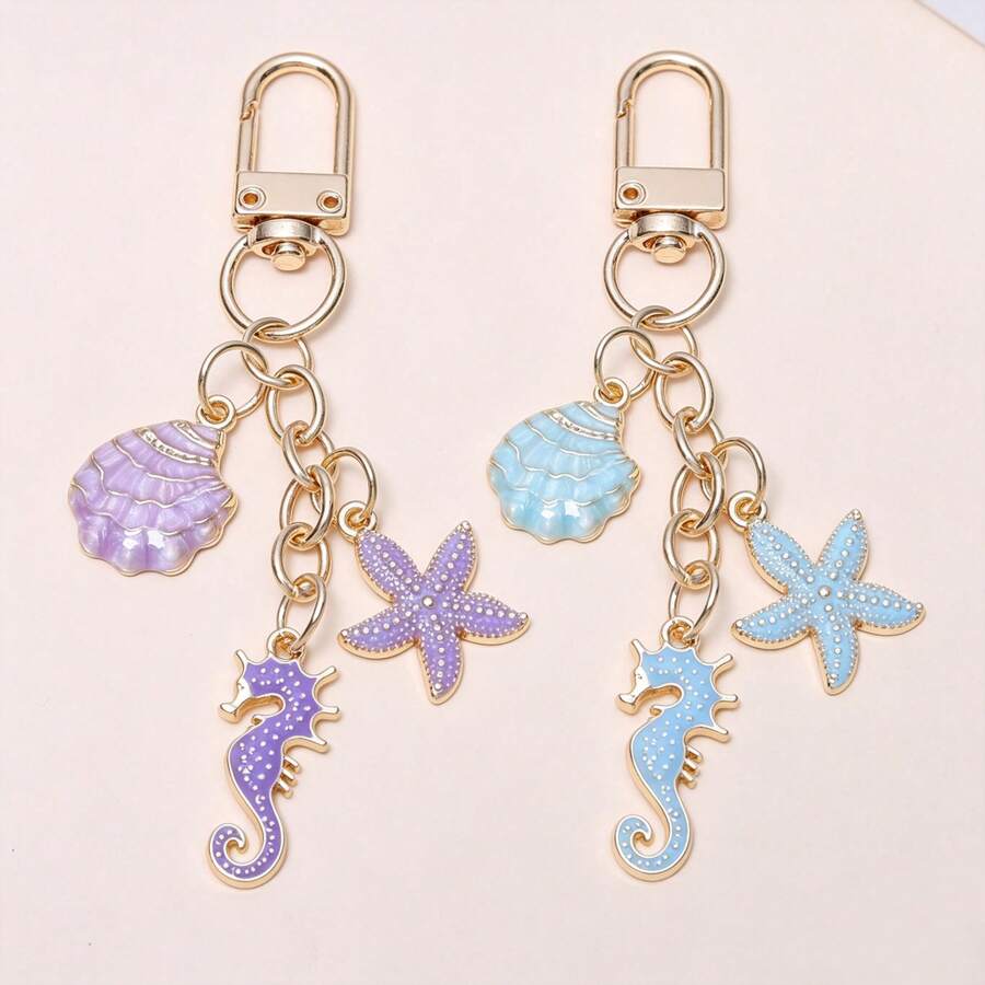 1pc Dreamy Ocean Life Series Cute Shell, Seahorse, Starfish Alloy Pendant Keychain, Fresh Summer Versatile Backpack/Bag Charm - Multicolor - View 1