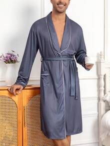 Men's Casual Comfortable Striped Fabric Solid Color Printed Robe With Belt, Contrast Trim Collar Design Long Sleeve Sleepwear - Multicolor - View 2