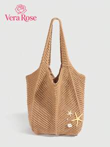 大容量度假风手提包，独特设计单肩包，配贝壳吊坠链，时尚高端女士腋下包，镂空钩编包，适合海滩度假及其他场合 - 彩色 - 查看 1