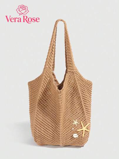 Túi tote cỡ lớn kiểu dáng du lịch, túi đeo vai thiết kế độc đáo với mặt dây chuyền hình vỏ sò, túi xách tay cao cấp thời trang dành cho nữ, túi đan móc rỗng, thích hợp cho kỳ nghỉ biển và các dịp khác.