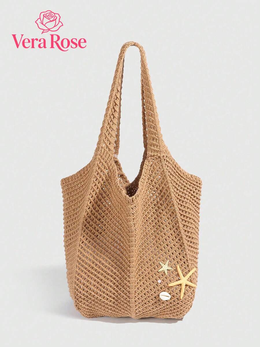 大容量度假风手提包，独特设计单肩包，配贝壳吊坠链，时尚高端女士腋下包，镂空钩编包，适合海滩度假及其他场合 - 彩色 - 查看 1