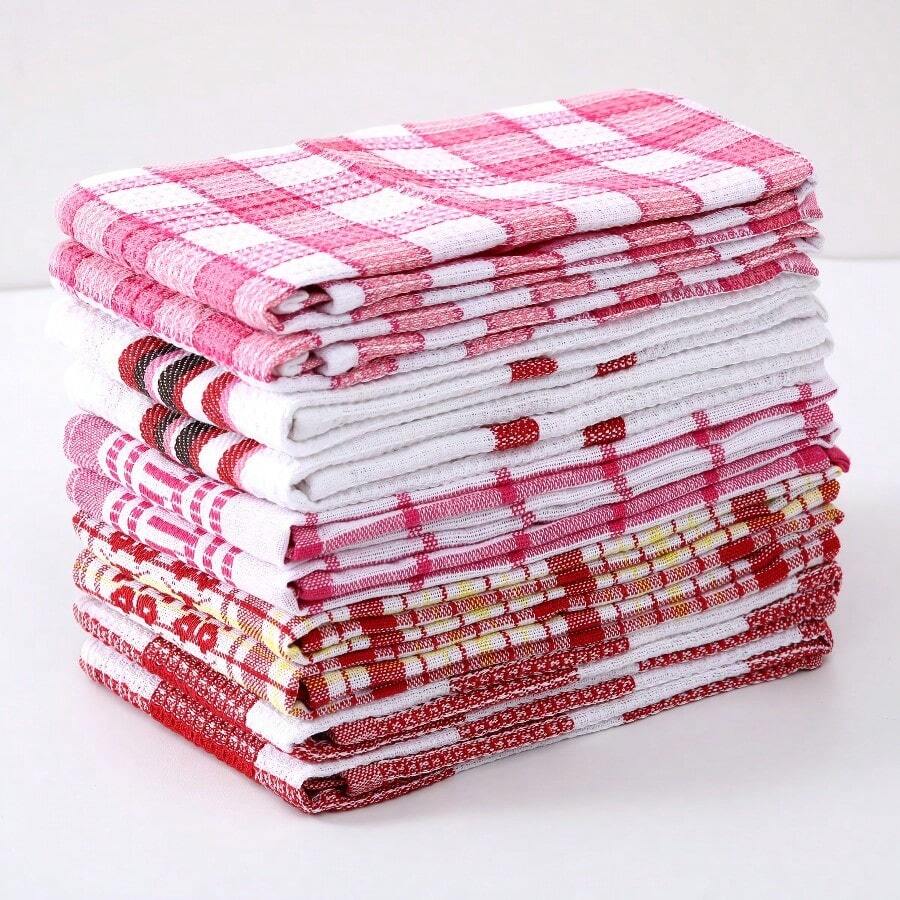 10 Pack 100% Cotton Kitchen Towels - Flat Weave, Absorbent & Durable Dish Towels For Cooking, Cleaning & Drying - Perfect For Christmas & Holiday Kitchens - 紅色的 - 查看 1
