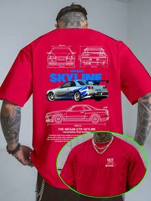Men's T-Shirt, GTR Racing Car, Graphic Tee,Skyline Car Blueprint, 100 Percent Cotton, Soft And Comfortable, Autumn Top, Basic Style Unisex, Holiday Gift, Men's T-Shirt, Locally Produced And Shipped - 紅色 - 查看 1