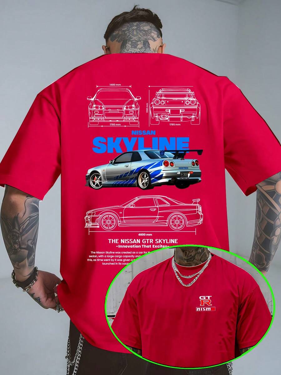 Men's T-Shirt, GTR Racing Car, Graphic Tee,Skyline Car Blueprint, 100 Percent Cotton, Soft And Comfortable, Autumn Top, Basic Style Unisex, Holiday Gift, Men's T-Shirt, Locally Produced And Shipped - 紅色 - 查看 1