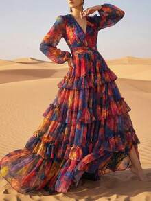 Women's New Vintage Floral Long Sleeve Ruffle Decor Multi-Layer Patchwork Design All Season Full Print Elegant Dress With Zipper, Formal Evening Gown Vacation Spring - Multicolor - View 5
