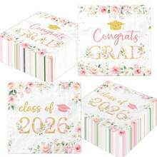 M50Pcs Congrats Grad Party Napkins - Floral Graduation Party Decorations Pink Class Of 2026 Graduation Paper Napkins For College High School Party PliesN - 粉色 - 查看 1