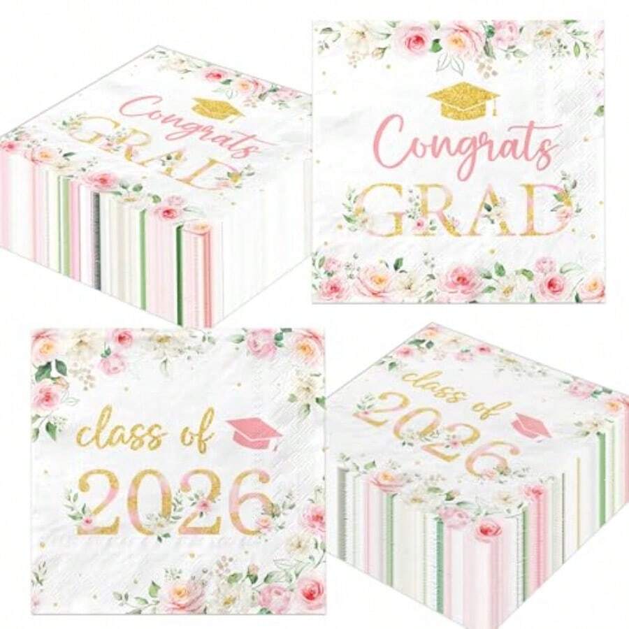 M50Pcs Congrats Grad Party Napkins - Floral Graduation Party Decorations Pink Class Of 2026 Graduation Paper Napkins For College High School Party PliesN - 粉色 - 查看 1