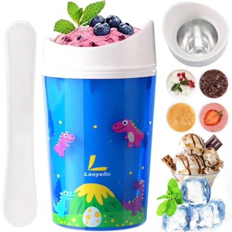 Slushie Maker Cup with LidsandSpoonDouble Layer Slushy Cups for Juice Milk Yogurt Ice Cream Make Single-Serving Smoothies DIY Cooling Frozen Magic Core Creates - Dinosaurio con fondo azul - Ver 1