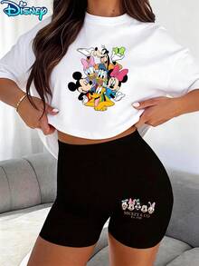 Disney Mickey & Co Est.1928 Printed Two-Piece Set, Women's Casual Short Sleeve T-Shirt And Shorts Set, Retro Style Character Printed Tee And Shorts Set, Ideal For Daily Wear - 白色 - 查看 1