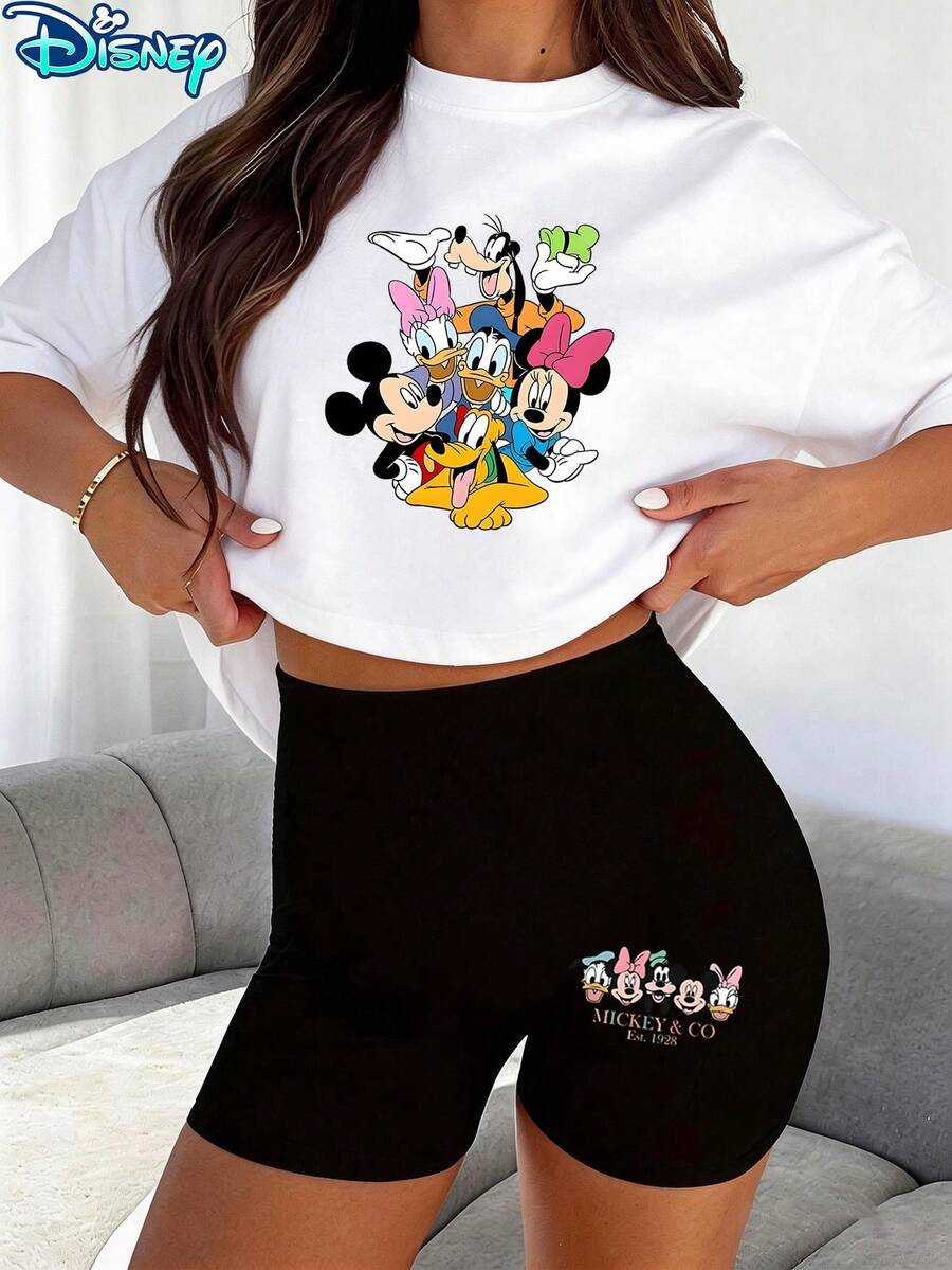 Disney Mickey & Co Est.1928 Printed Two-Piece Set, Women's Casual Short Sleeve T-Shirt And Shorts Set, Retro Style Character Printed Tee And Shorts Set, Ideal For Daily Wear - 白色 - 查看 1