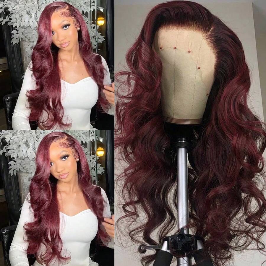 13X4 Light Blonde Body Wave Lace Front Wig 28" Soft Long Wavy Wigs Glueless Free Part 180% Density With Adjustable Straps & Combs Heat Resistant Blonde Synthetic Hair Replacement Wigs For Women Perfect For Daily Wear Parties & Special Occasions - 酒紅色 - 查看 1